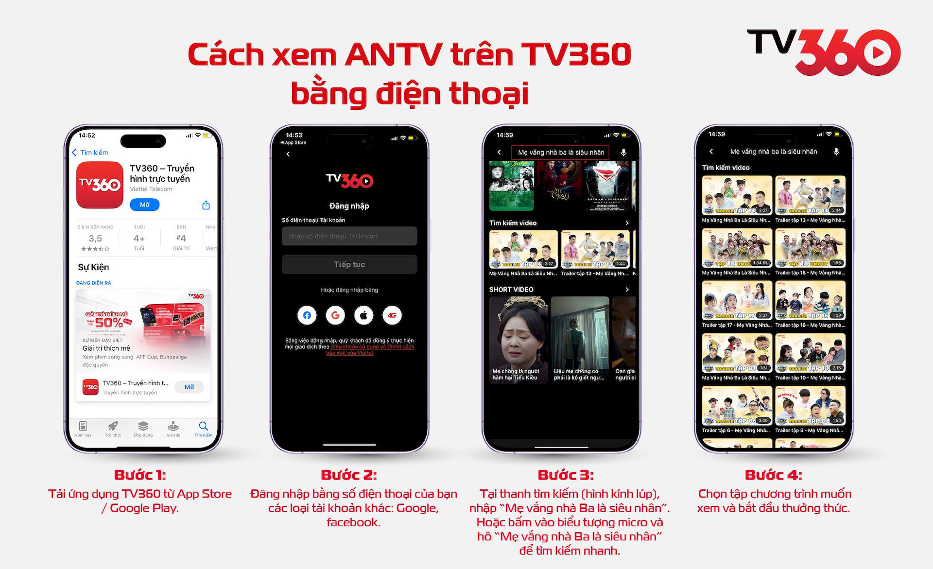 Xem trên ứng dụng TV360 bằng điện thoại, máy tính bảng, laptop/PC 