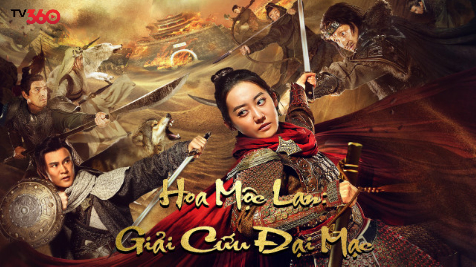 Mộc Lan trên chiến trường, tay cầm kiếm, dũng mãnh dẫn dắt binh lính
