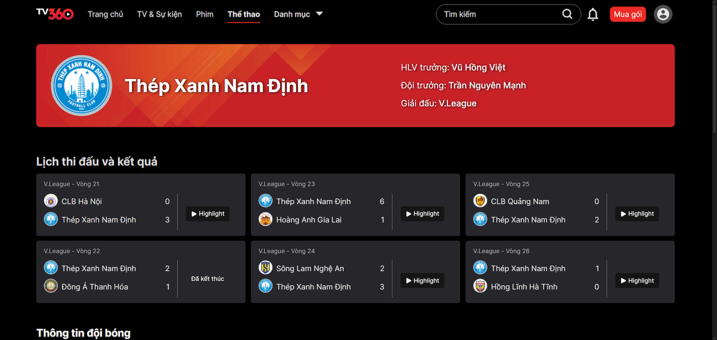 Bạn có thể theo dõi CLB Nam Định tại TV360
