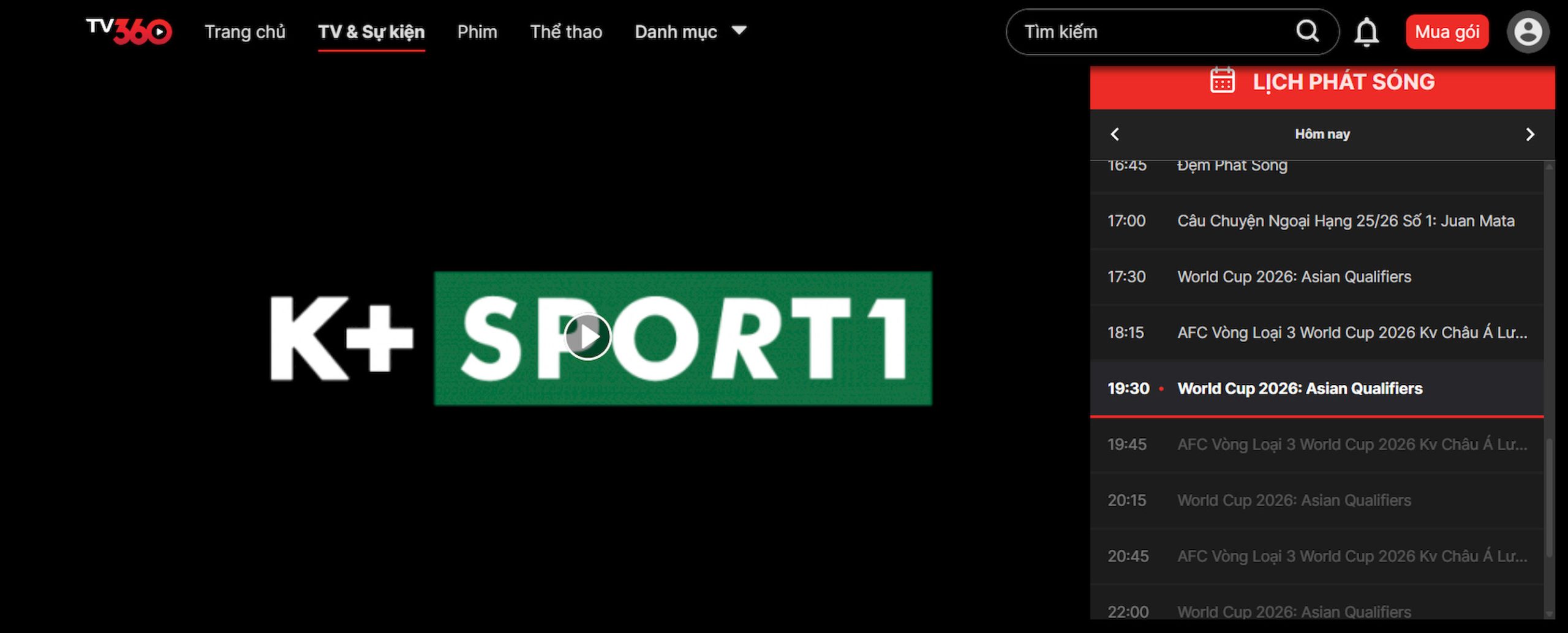 Giao diện kênh K+Sport 1 trên ứng dụng TV360