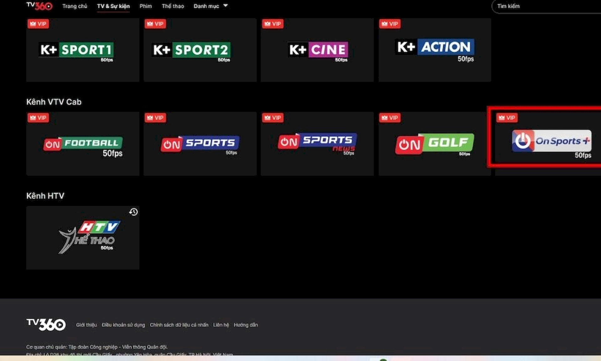 Bạn có thể tìm kiếm kênh On Sports+ tại danh sách các kênh VTV Cab