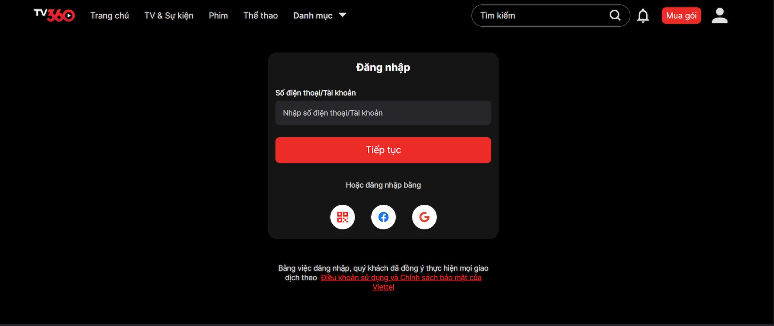 Người dùng tiến hành đăng nhập/đăng ký tài khoản TV360