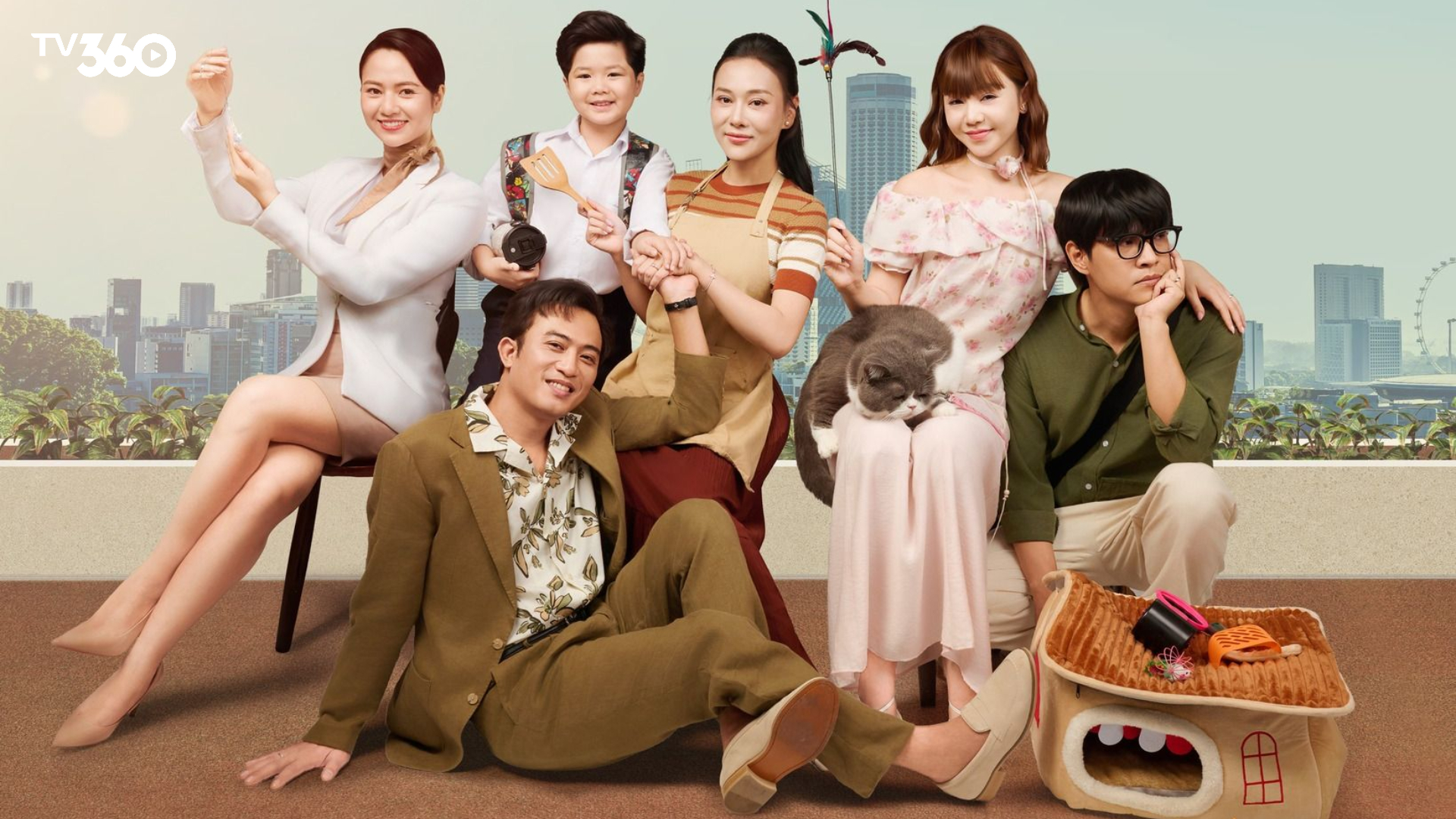 Poster chính thức của bộ phim Gió Ngang Khoảng Trời Xanh thể hiện bức tranh đa màu của ba người phụ nữ cùng chồng, bạn bè và sự nghiệp của họ.