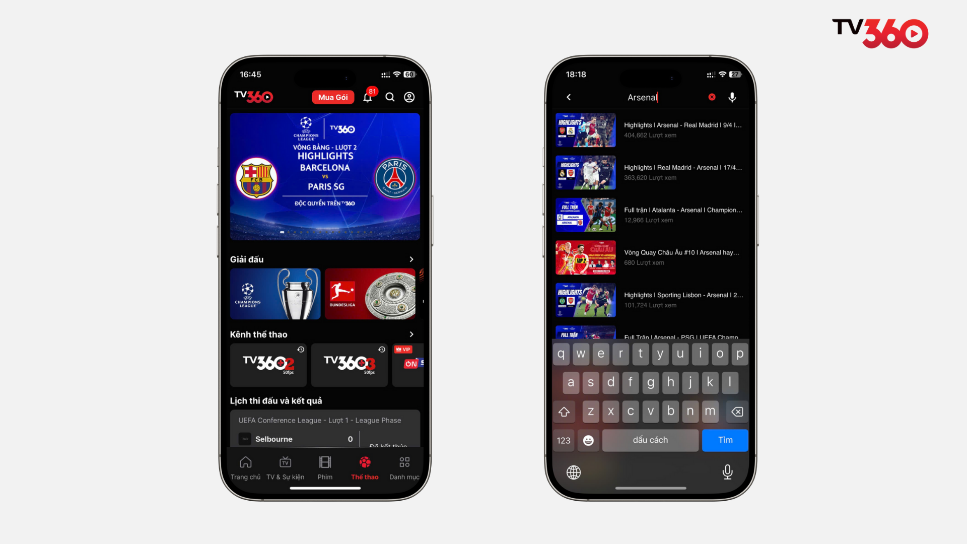 Người dùng gõ từ khóa như “Arsenal” hoặc tên giải đấu để tra cứu nhanh lịch thi đấu trên TV360.