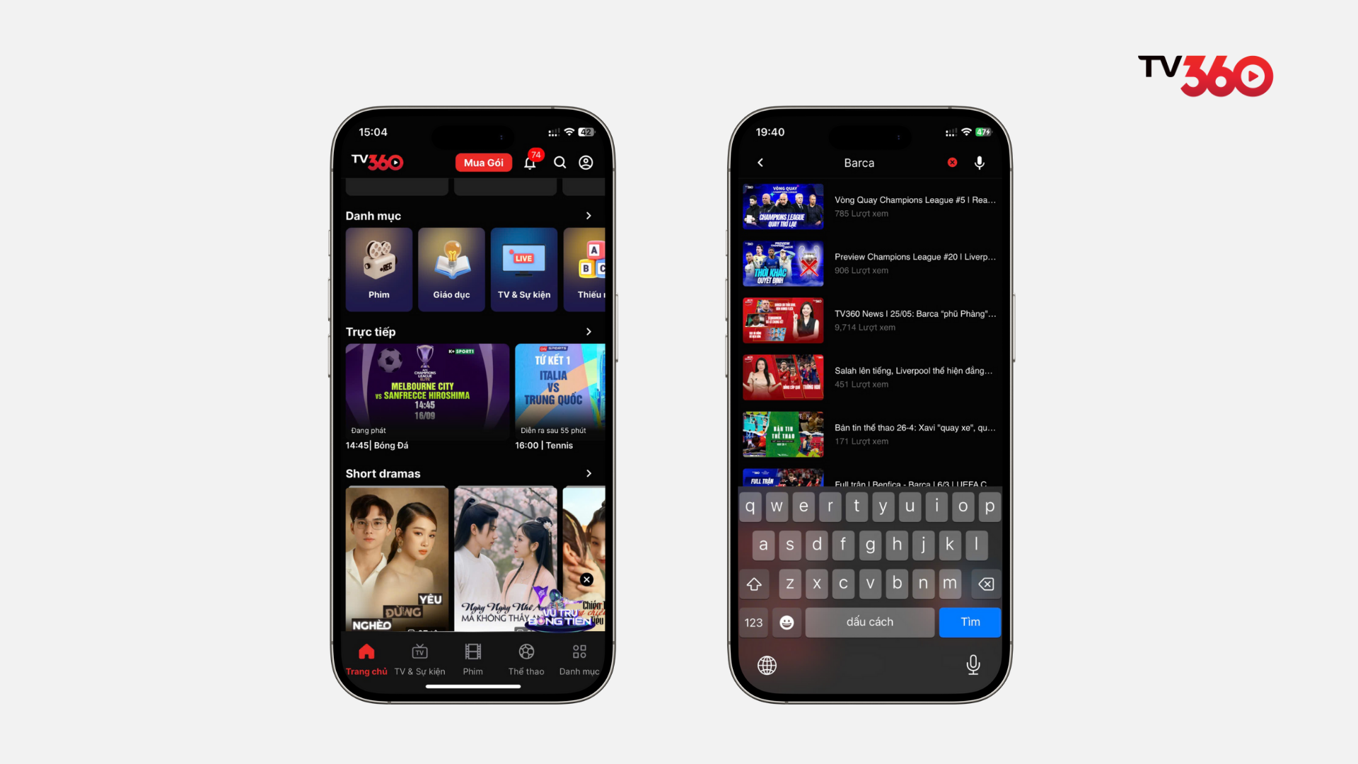 Người dùng tìm lịch thi đấu Barca bằng cách nhập từ khóa như “Barcelona”, “Champions League” hoặc “La Liga” vào thanh tìm kiếm.