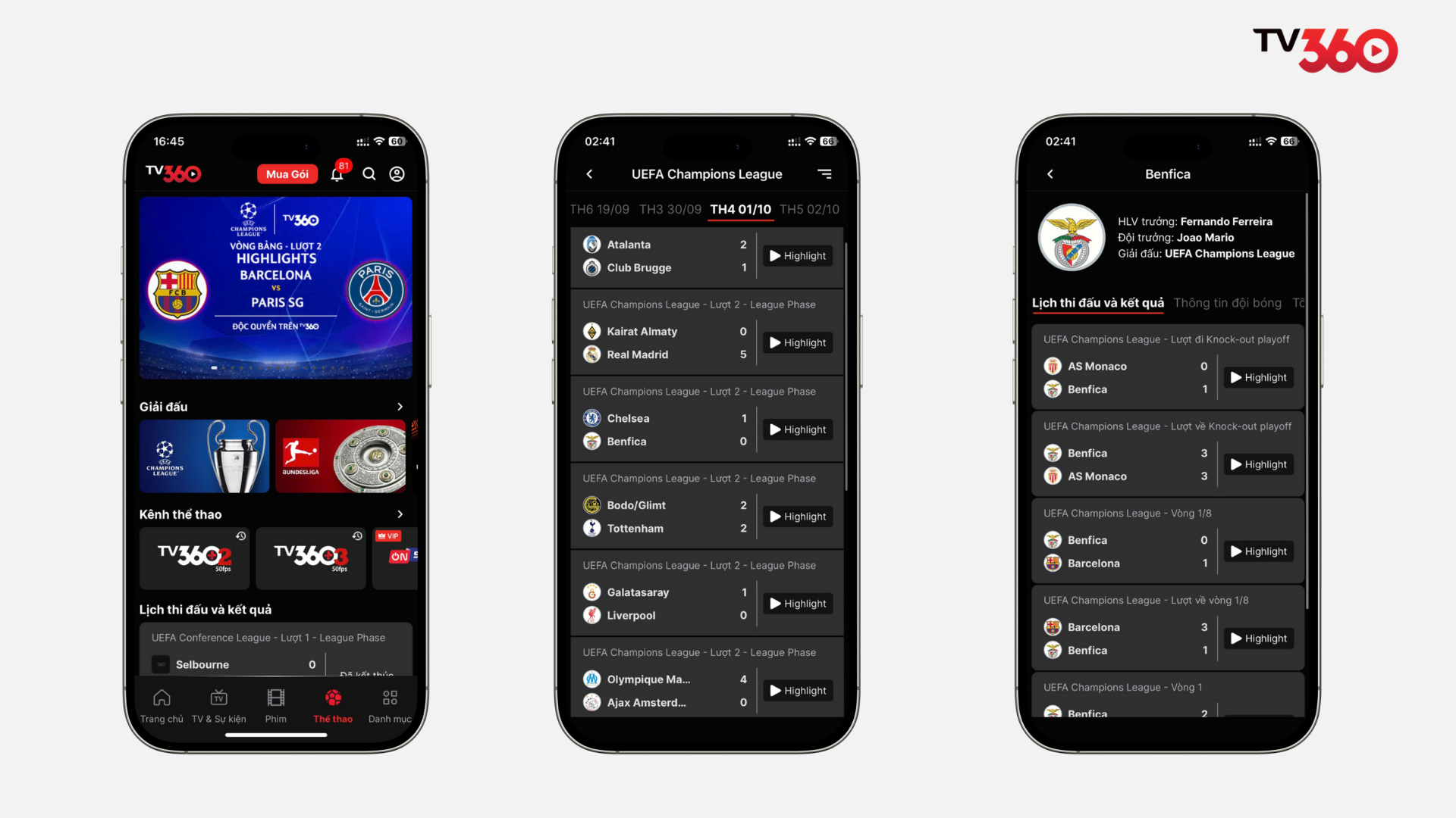 Người dùng vào mục Thể thao, chọn giải đấu rồi chọn CLB Benfica trong Bảng xếp hạng để xem lịch và các trận đấu sắp diễn ra.