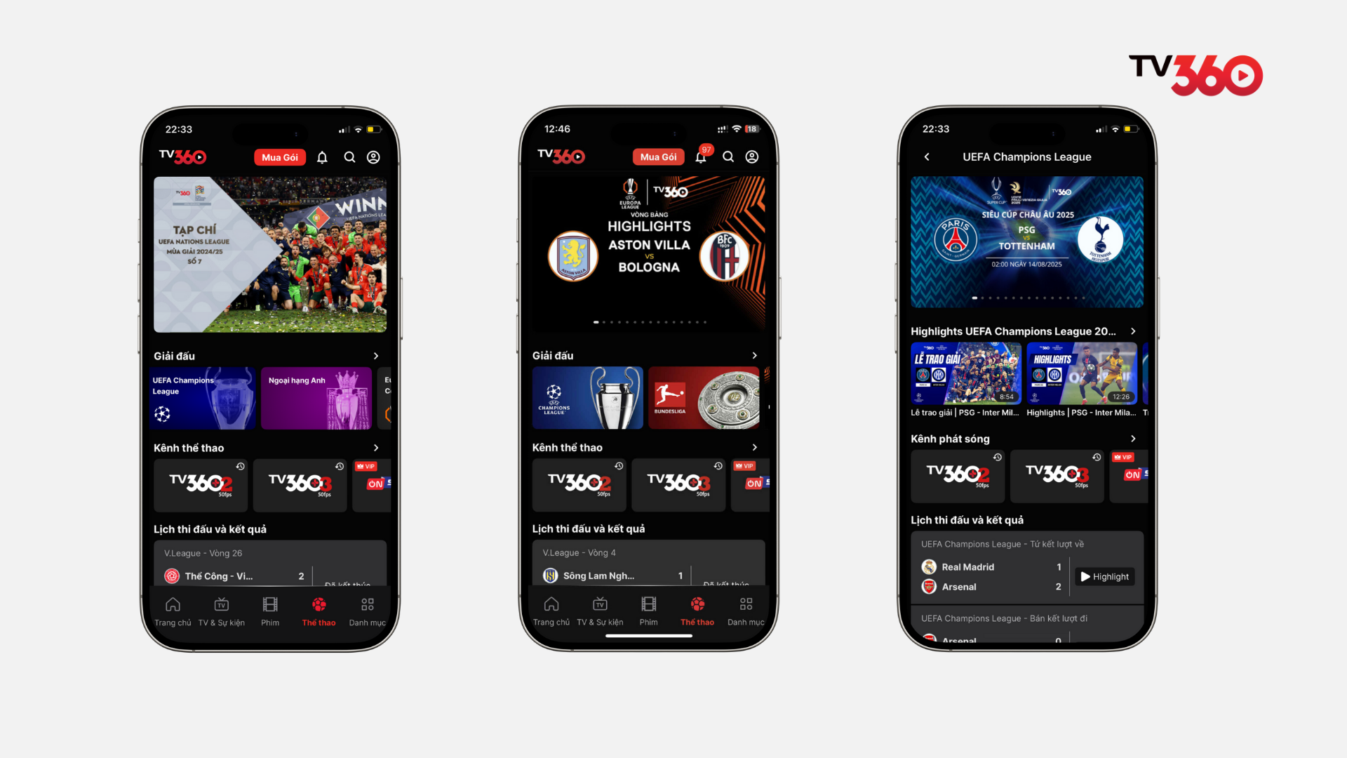 Giao diện mục Thể thao trên TV360 cho phép người dùng chọn giải đấu như Champions League và dễ dàng theo dõi lịch thi đấu của CLB Manchester City thông qua bảng xếp hạng.