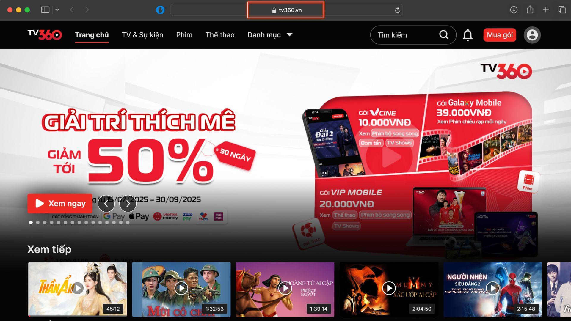 Truy cập website TV360 bằng cách gõ từ khóa “TV360” hoặc click vào link https://tv360.vn/