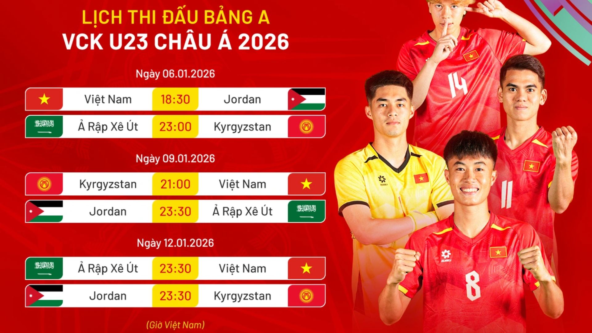 Lịch thi đấu bảng A U23 Châu Á năm 2026