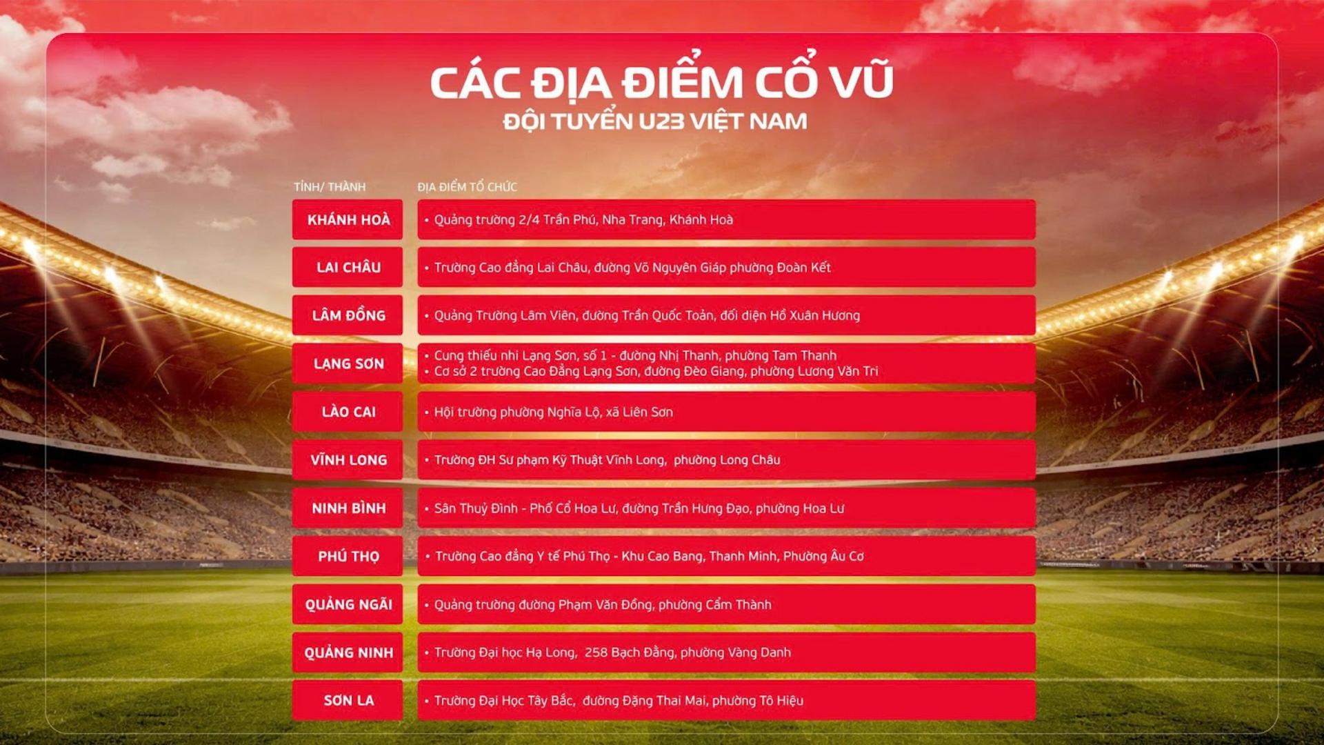 Danh sách địa điểm xem chung cổ vũ đội tuyển U23 Việt Nam ở các tỉnh thành