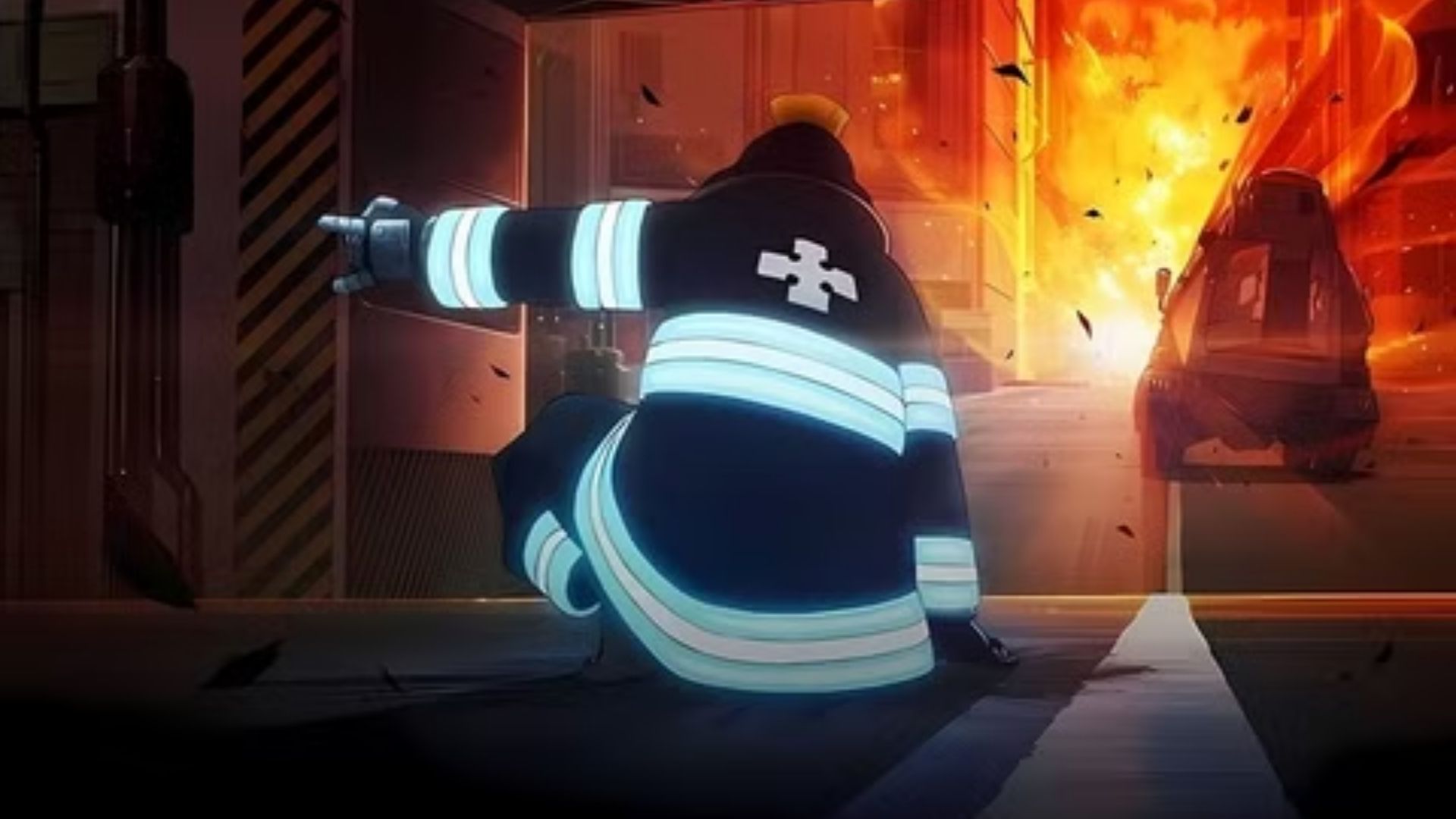 Shinra Kusakabe nỗ lực kiểm soát ngọn lửa Adolla Burst để bảo vệ đồng đội trước sức ép từ kẻ thù trong tập 2