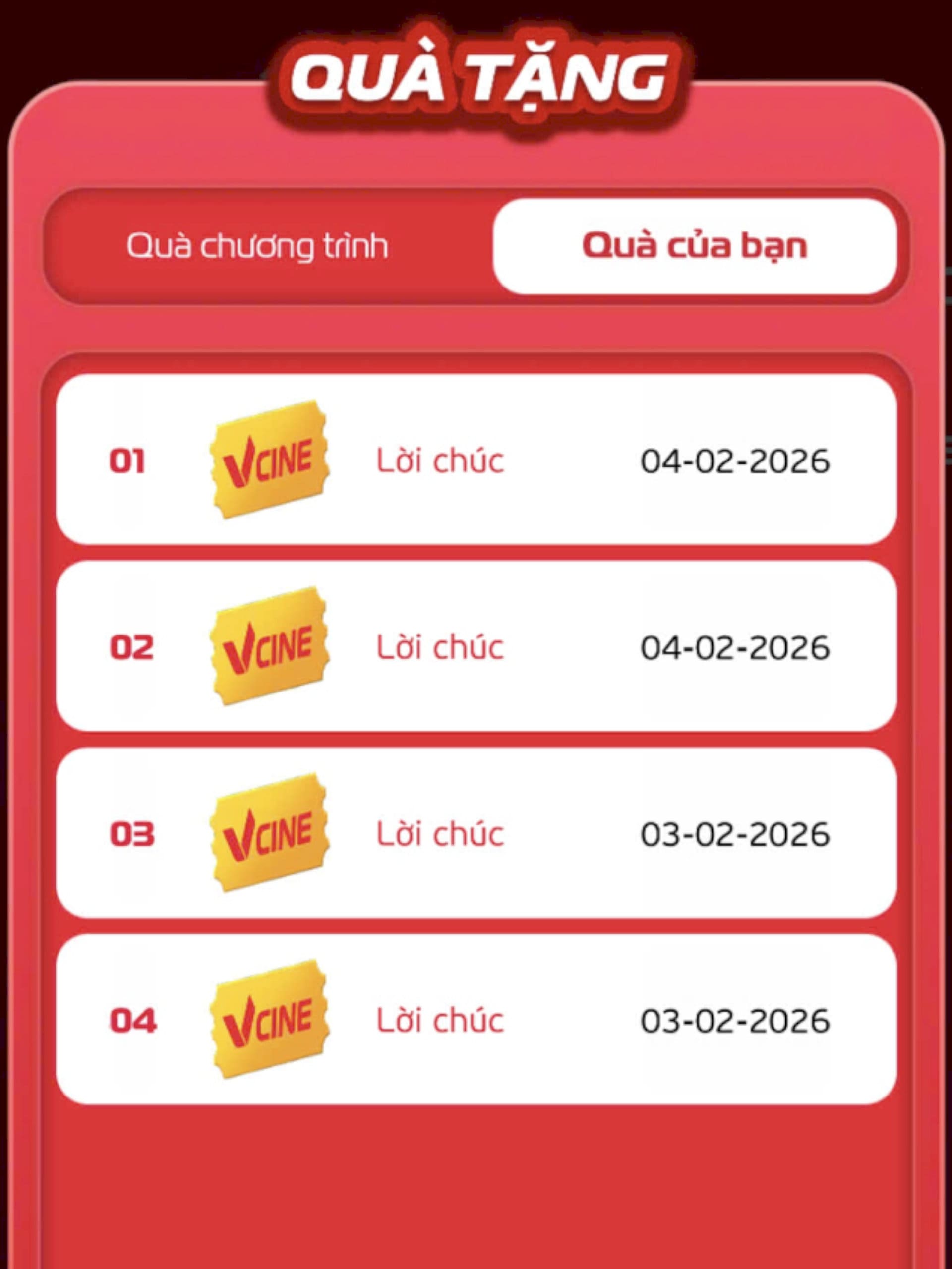  Quà tặng đã được nhận sẽ được hiển thị trong mục Quà tặng. 